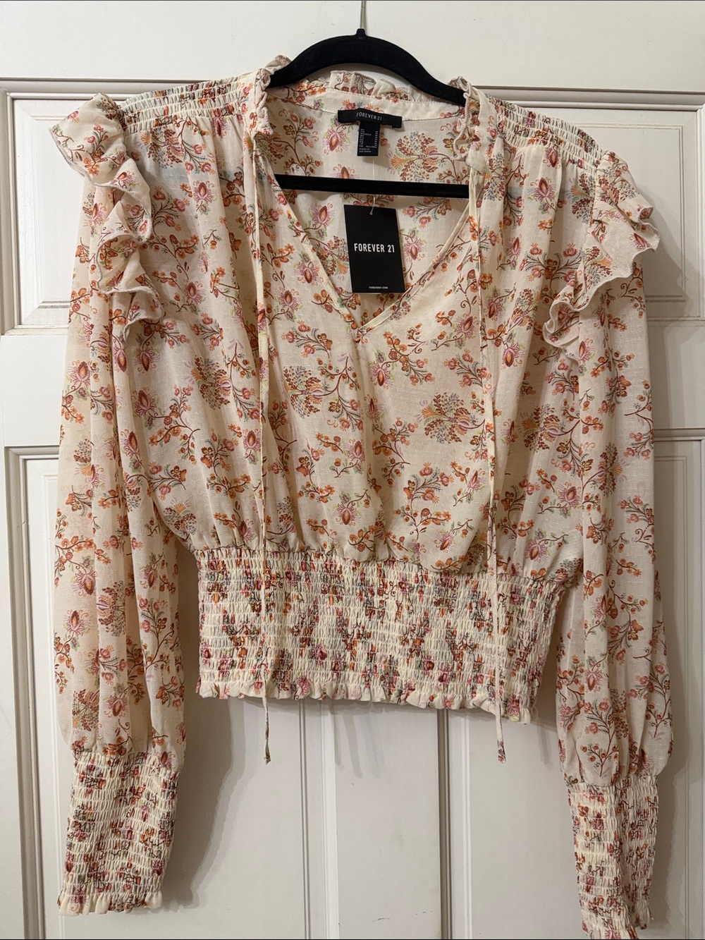Forever 21 Cream Floral Ruffle-Sleeve Smocked Waist Blouse